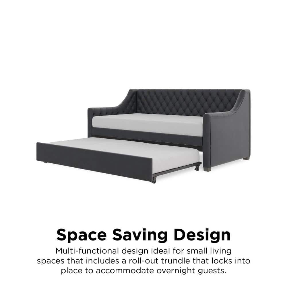 Navy Blue Velvet Twin Daybed with Trundle and Tufted Upholstery