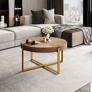 31.29 in. Gold Round Wood Coffee Table with Cross Legs Base