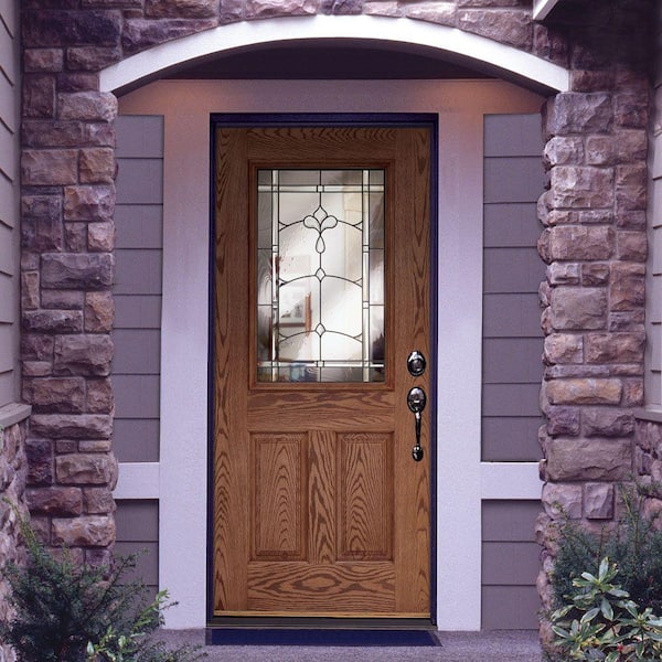 37.5 in. x 81.625 in. Carmel Patina 1/2 Lite Stained Medium Oak Left-Hand Inswing Fiberglass Prehung Front Door