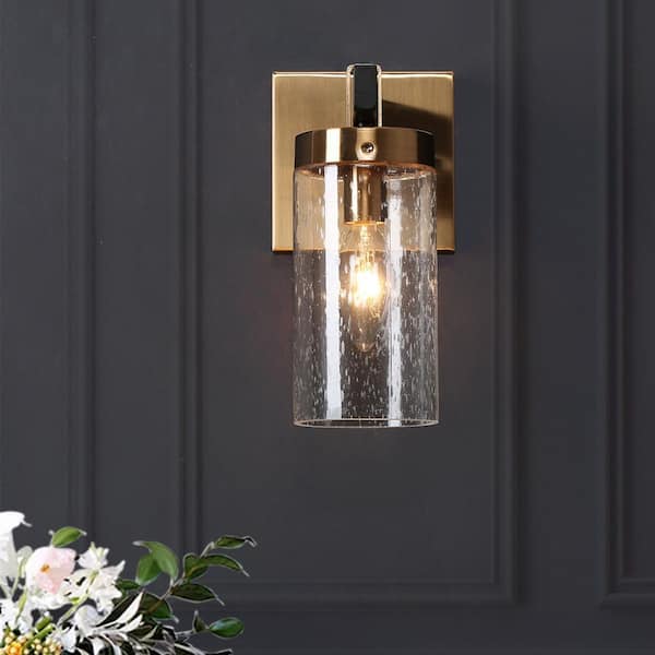 Musom 1-Light Brass Gold Modern Wall Sconce, Seeded Glass Black Bathroom Vanity Light, Hallway Tube DIY Bath Light