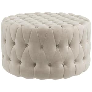 Beige Round Velvet-Feel Upholstered Foot Stool Ottoman, with Button Tufted Design and Padded Seat for Living Room