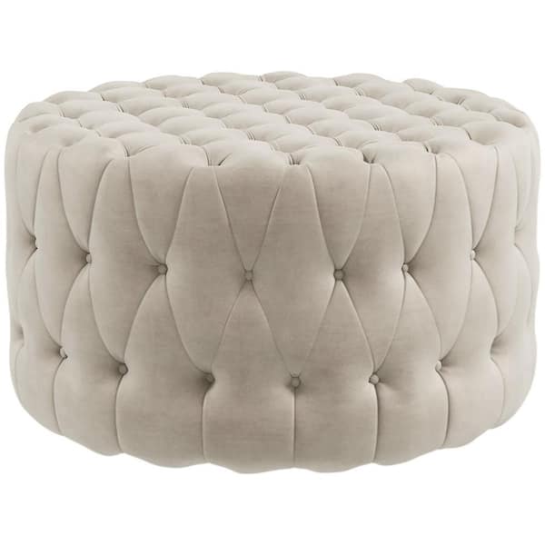 HOMCOM Beige Round Velvet-Feel Upholstered Foot Stool Ottoman, with Button Tufted Design and Padded Seat for Living Room