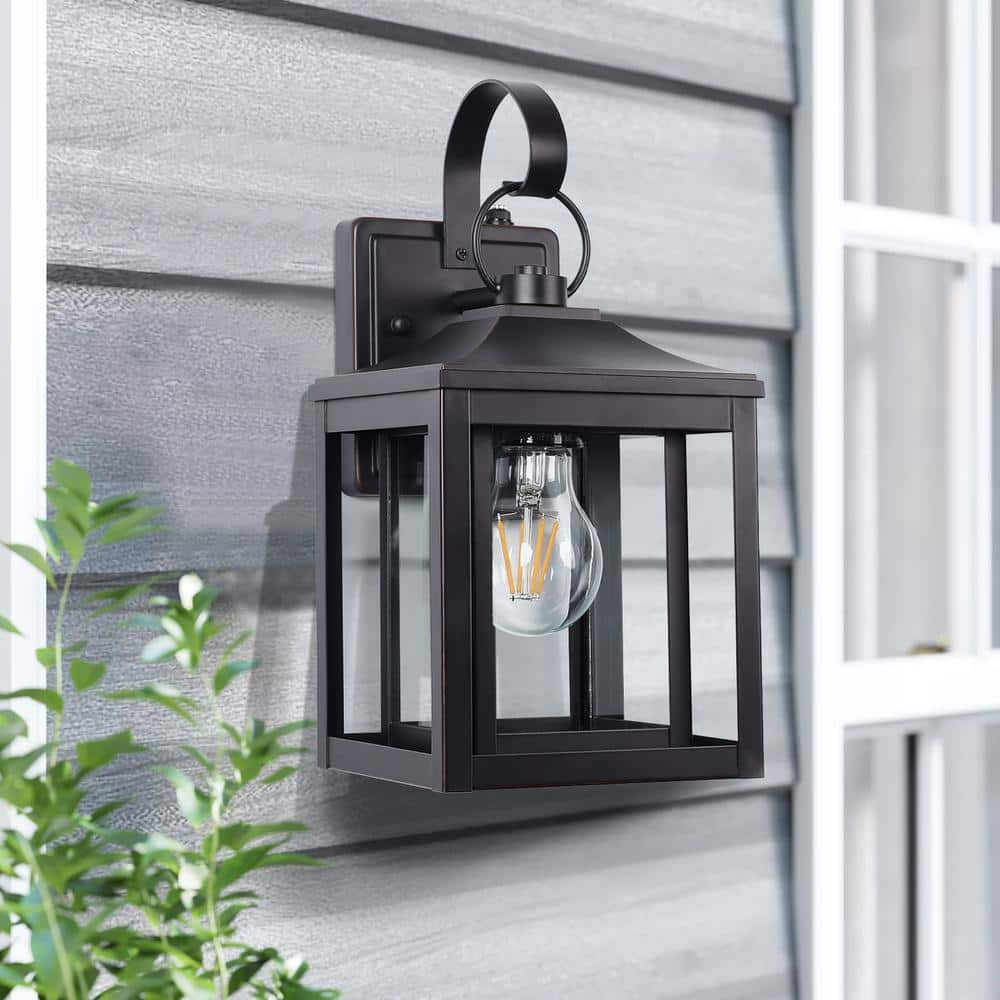 Black Aluminum Outdoor Lantern Sconce with Glass Shade