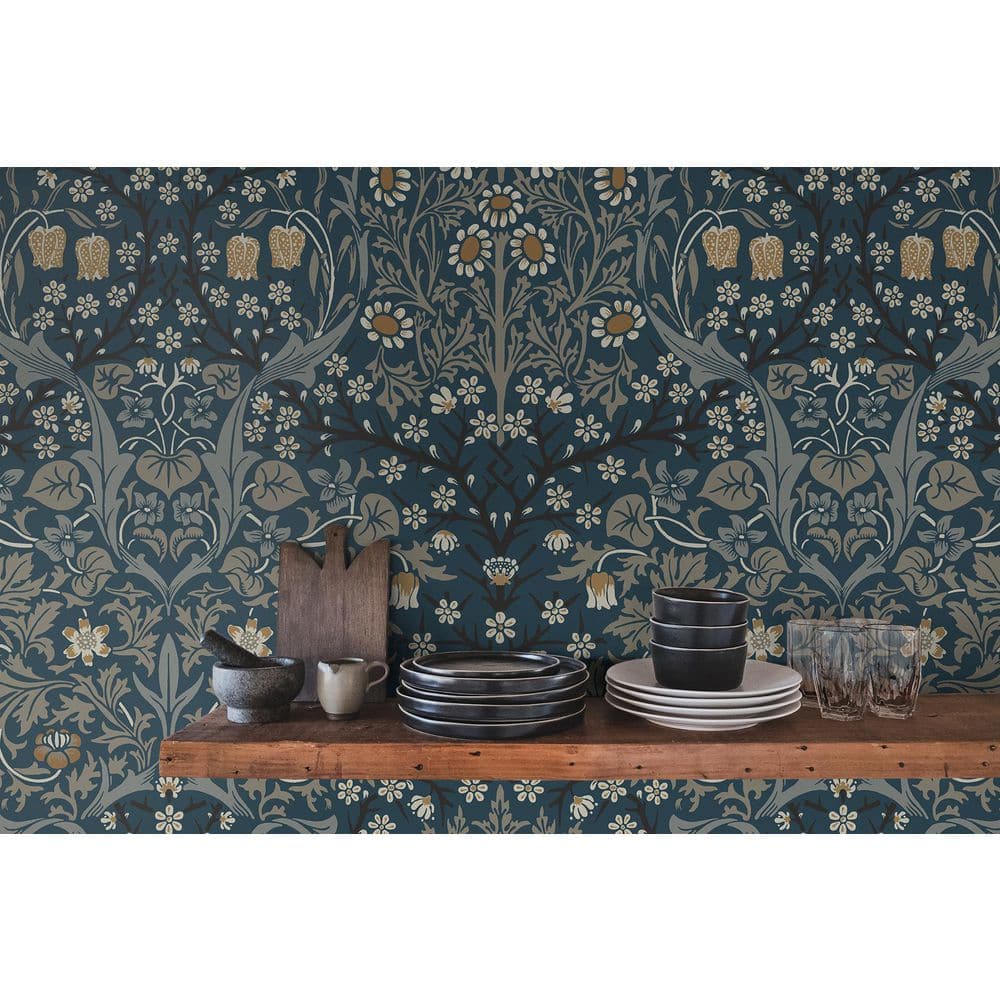 Aegean Blue and Warm Stone Floral Peel and Stick Wallpaper