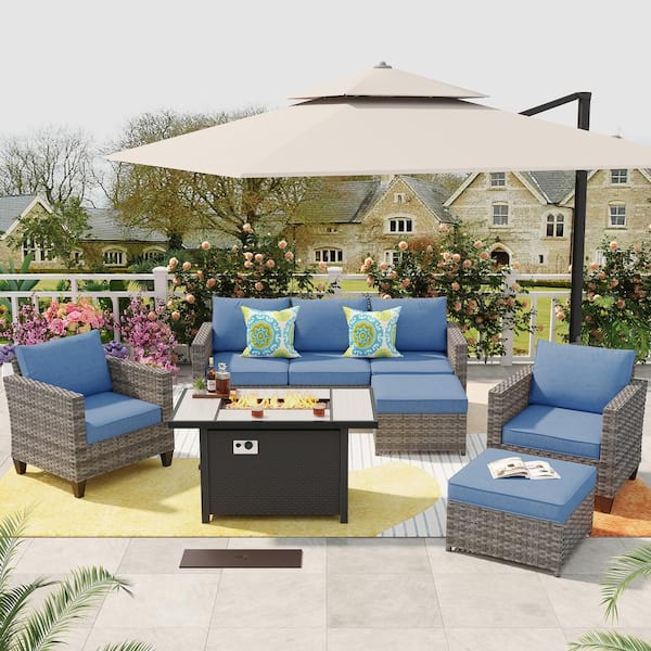 XIZZI Milan Gray 6-Piece Wicker Outdoor Patio Rectangular Fire Pit Seating Sofa Set and with Denim Blue Cushions