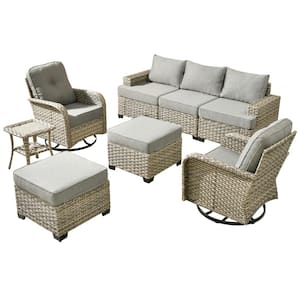 Scorpio 8-Piece Wicker Patio Conversation Seating Sofa Set with Dark Gray Cushions and Swivel Rocking Chairs