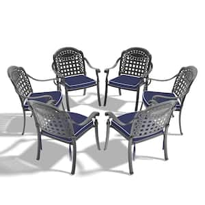 Black Stackable Cast Aluminum Patio Outdoor Dining Chairs with Random Color Seat Cushions (Set of 6)