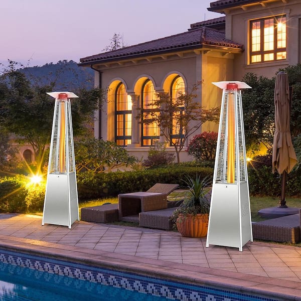 42000 BTU 90 in. Tall Residential Pyramid Patio Heater Quartz Glass Tube Silver Flame Heating with Wheel