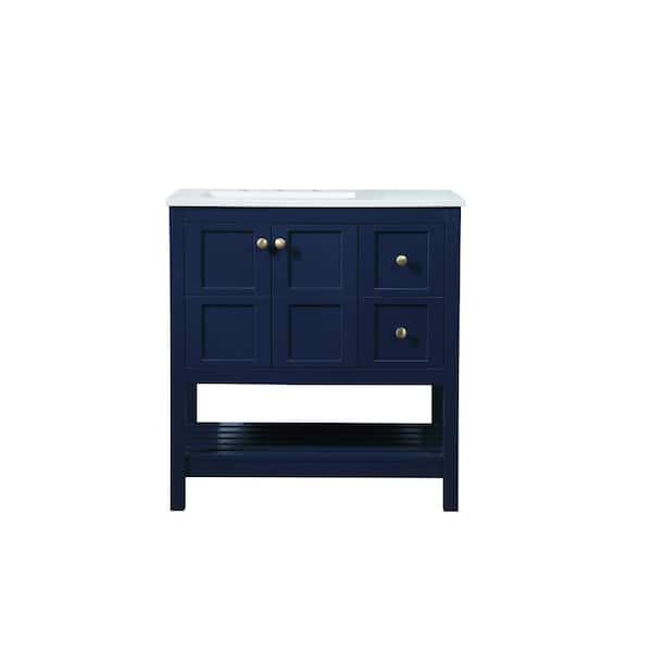 Unbranded Simply Living 32 in. Single Bathroom Vanity in Blue with Quartz Vanity Top in Calacatta White