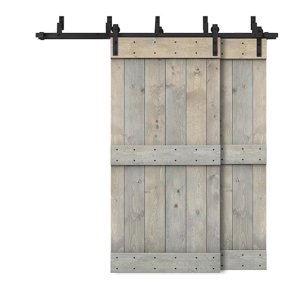 CALHOME 40 in. x 84 in. Mid-Bar Bypass Smoke Gray Stained DIY Solid Wood Interior Double Sliding Barn Door with Hardware Kit