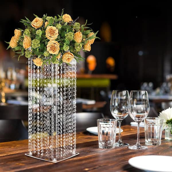 YIYIBYUS 23.6 in. Tall Acrylic Column Flower Stand with Chandelier Crystals Wedding Centerpieces Table Vase (2-Piece)