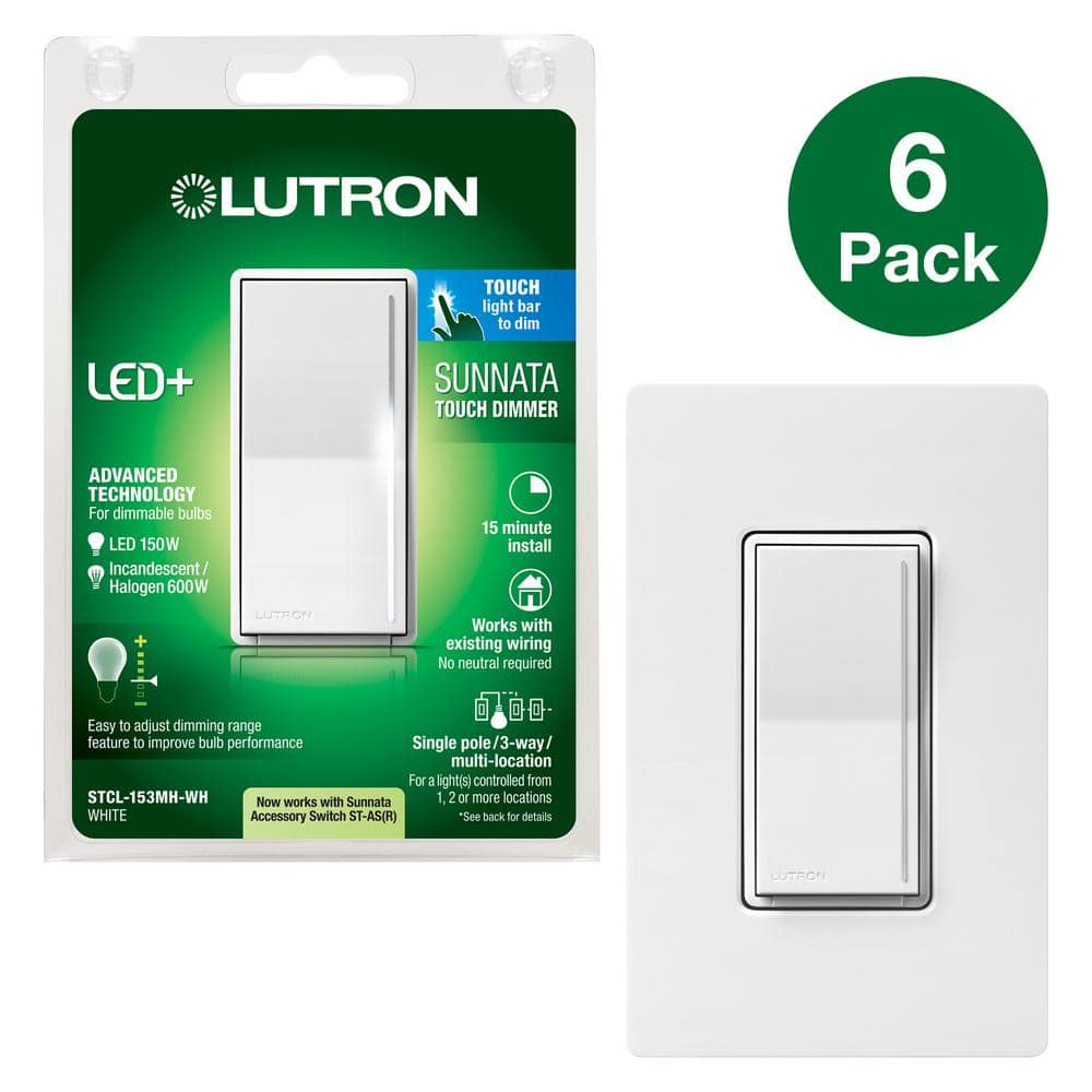 Lutron Sunnata Touch Dimmer Switch w/Wallplate, for LED Bulbs, 150W/3 or Multi White (STCL-6PKMHW-WH) (6-Pack) STCL-6PKMHW-WH - The Home Depot
