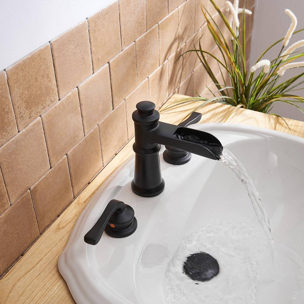 Matte Black Widespread Waterfall Bathroom Faucet with Lever Handles