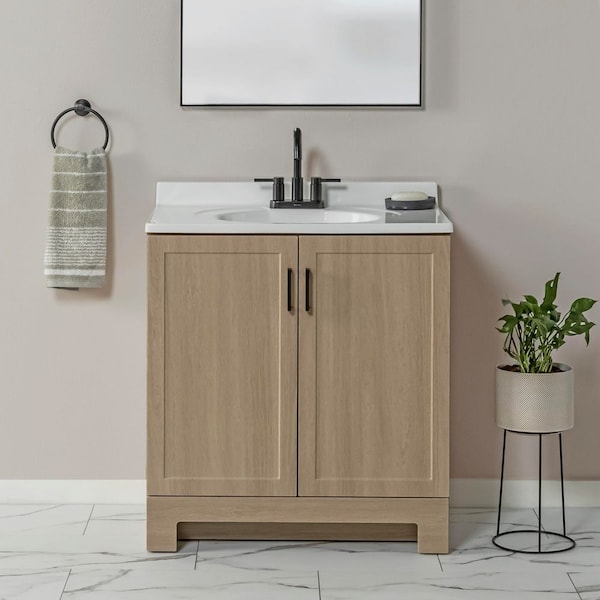 Oakley 31 in. Single Sink Beige Oak Bath Vanity with White Cultured Marble Top (Assembled)