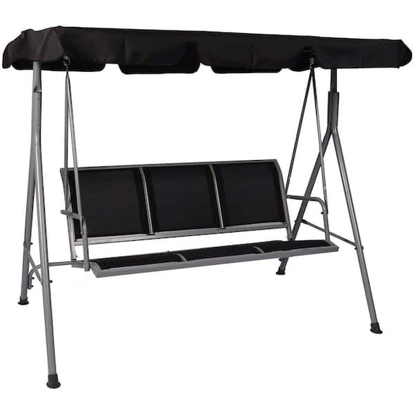 Sudzendf 3-Person Black Metal Outdoor Patio Swing Chair Adjustable Canopy Hammock Seats
