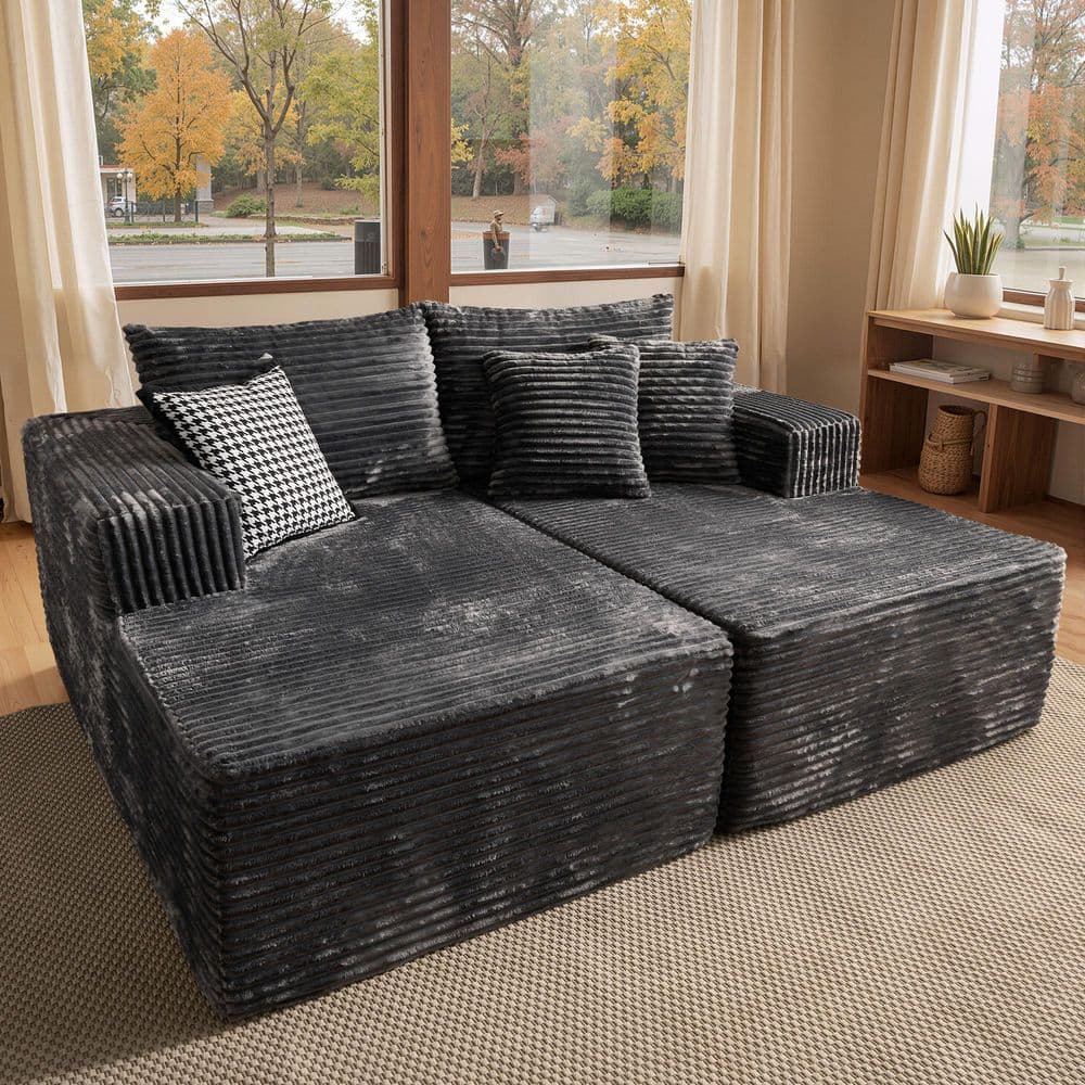MASA 74 in. Wide Arm 2-Piece Modern Plush Corduroy Shape Sleeper Modular Sectional Sofa Bed with Chaise in Gray