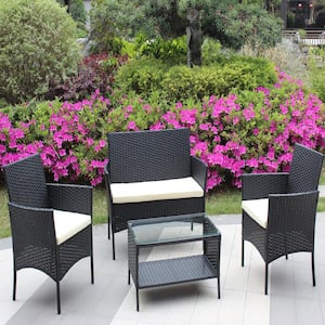 4-Piece Rattan Wicker Outdoor Bistro Patio Conversational Sofa Furniture Set with Beige Cushions