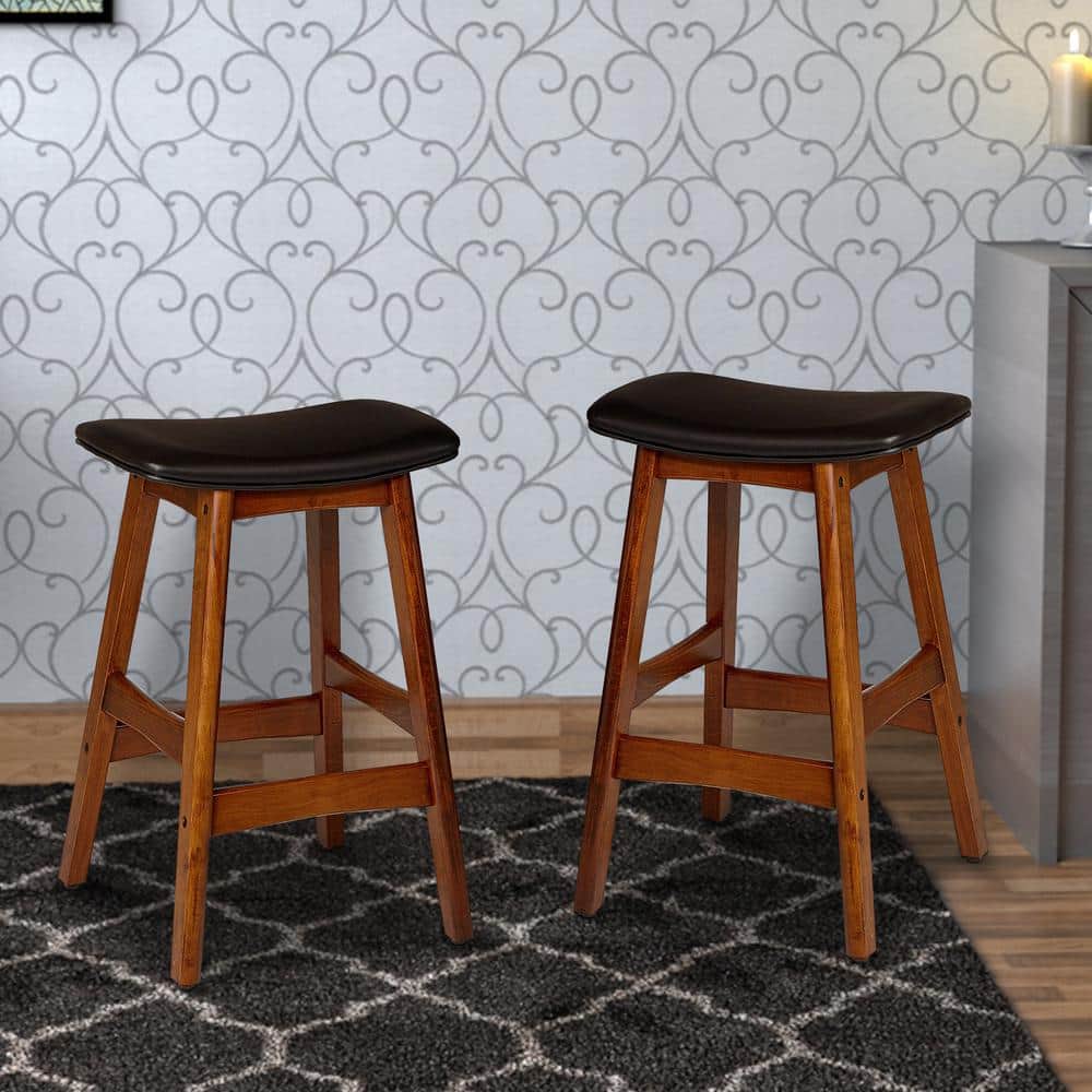Black Leather Saddle-Style Wood Counter Stool, Set of 2