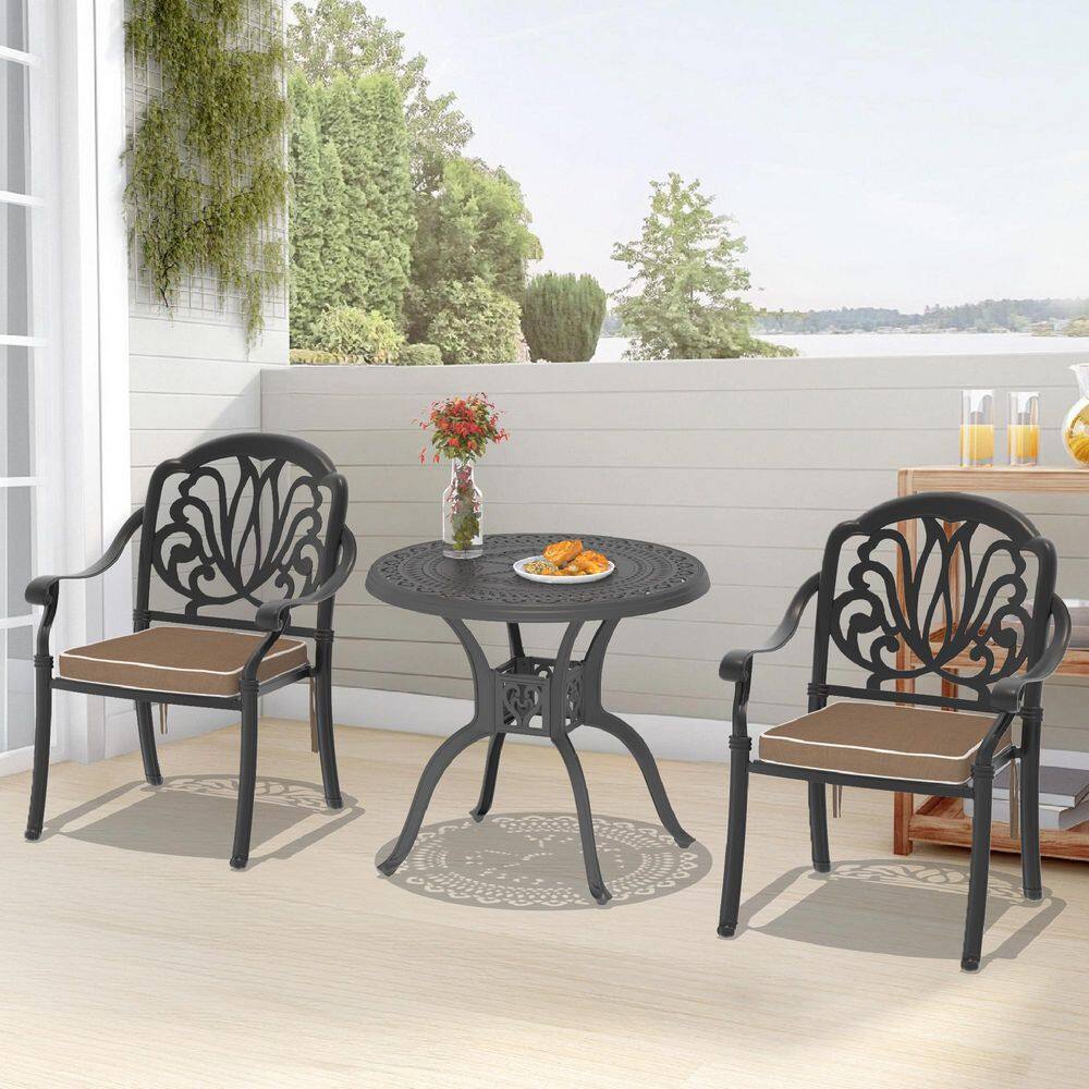 Elizabeth Black 3-Piece Cast Aluminum Outdoor Dining Set with 31.5 in. Round Table and Brown Seat Cushions price history on PriceWatchPro