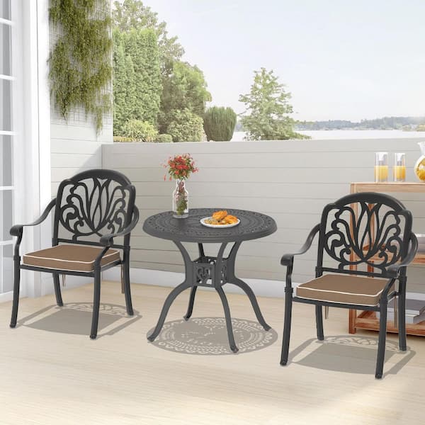 Willit Elizabeth Black 3-Piece Cast Aluminum Outdoor Dining Set with 31.5 in. Round Table and Random Color Seat Cushions