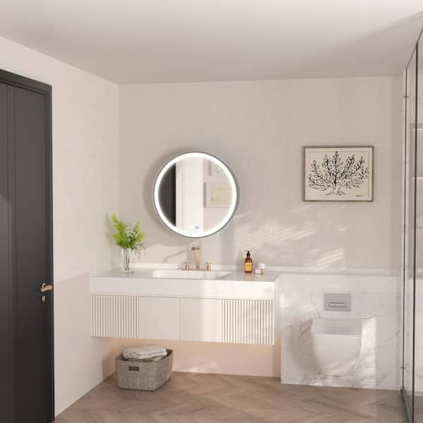 24 in. W x 24 in. H Round Iron Surface Mount Framed LED Light Medicine Cabinet with Mirror in Black, Anti-Fog, Left Door