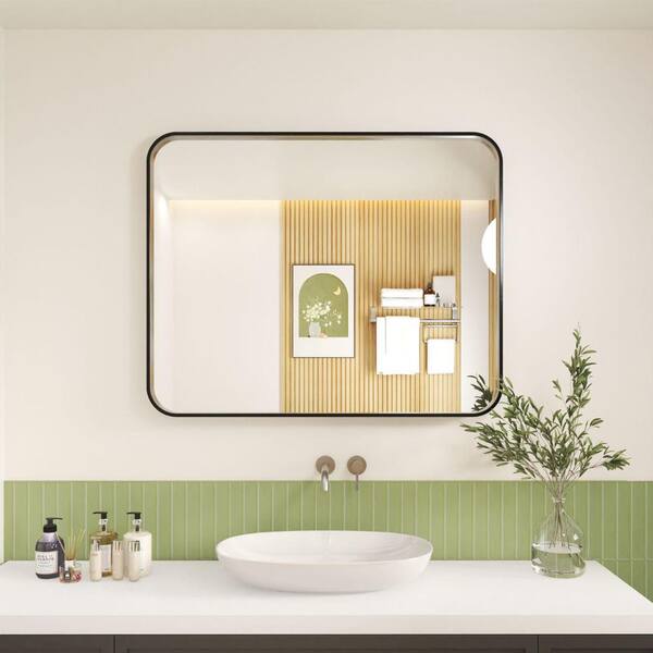 32 in. W x 40 in. H Rectangular Aluminum Framed Wall Bathroom Vanity Wall Mount Mirror in Black