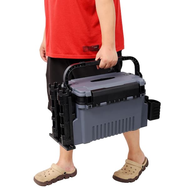 Tidoin 22.5 in. Gray Dual-Layer Large Organizer Fishing Tackle Box with 2 Rod Holder, 2 Cup Holder and Strap