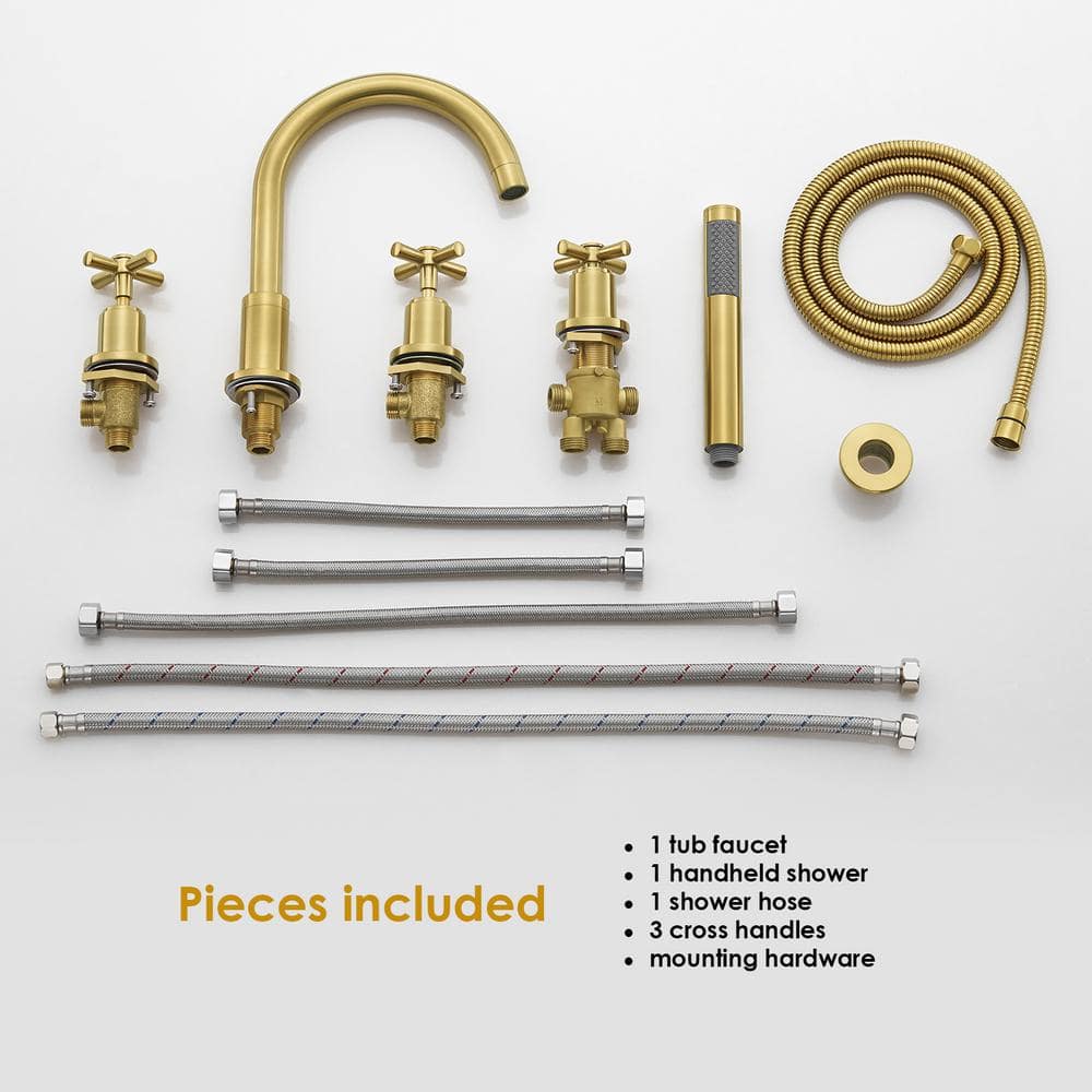 Brushed Gold Stainless Steel Deck-Mount Tub Faucet with Handshower