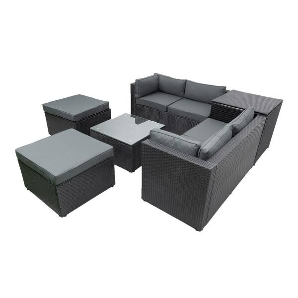 Tunearary Black 6-Piece Wicker Outdoor Patio Conversation Seating Set with Storage Box Removeable Gray Cushions