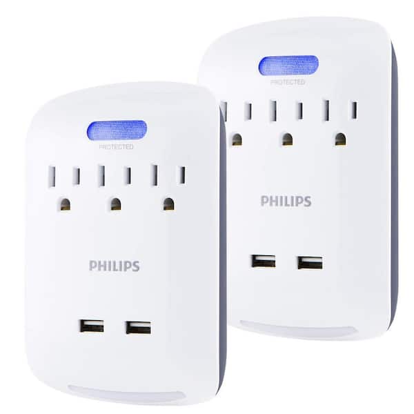 Philips 3-Outlet Surge Tap with 2 USB Ports Sensing Night Light (2-Pack)