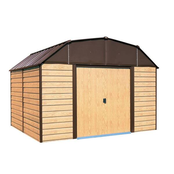 Arrow Woodhaven 10 ft. W x 14 ft. D 2-Tone Wood-grain Galvanized Metal Barn-Style Storage Building with Floor Frame Kit