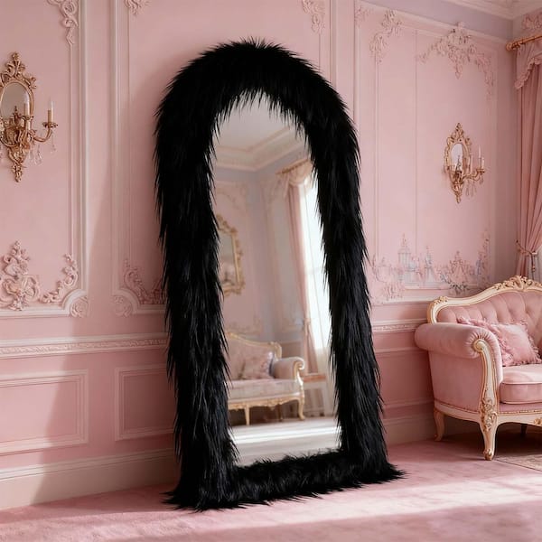 Modern Black 32 in. W x 71 in. H Arched Fluffy Framed Full Length Dressing Mirror