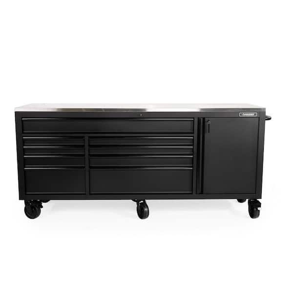 Husky 84 in. W x 24 in. D 9-Drawer Heavy-Duty Mobile Workbench with Stainless Steel Top in Matte Black