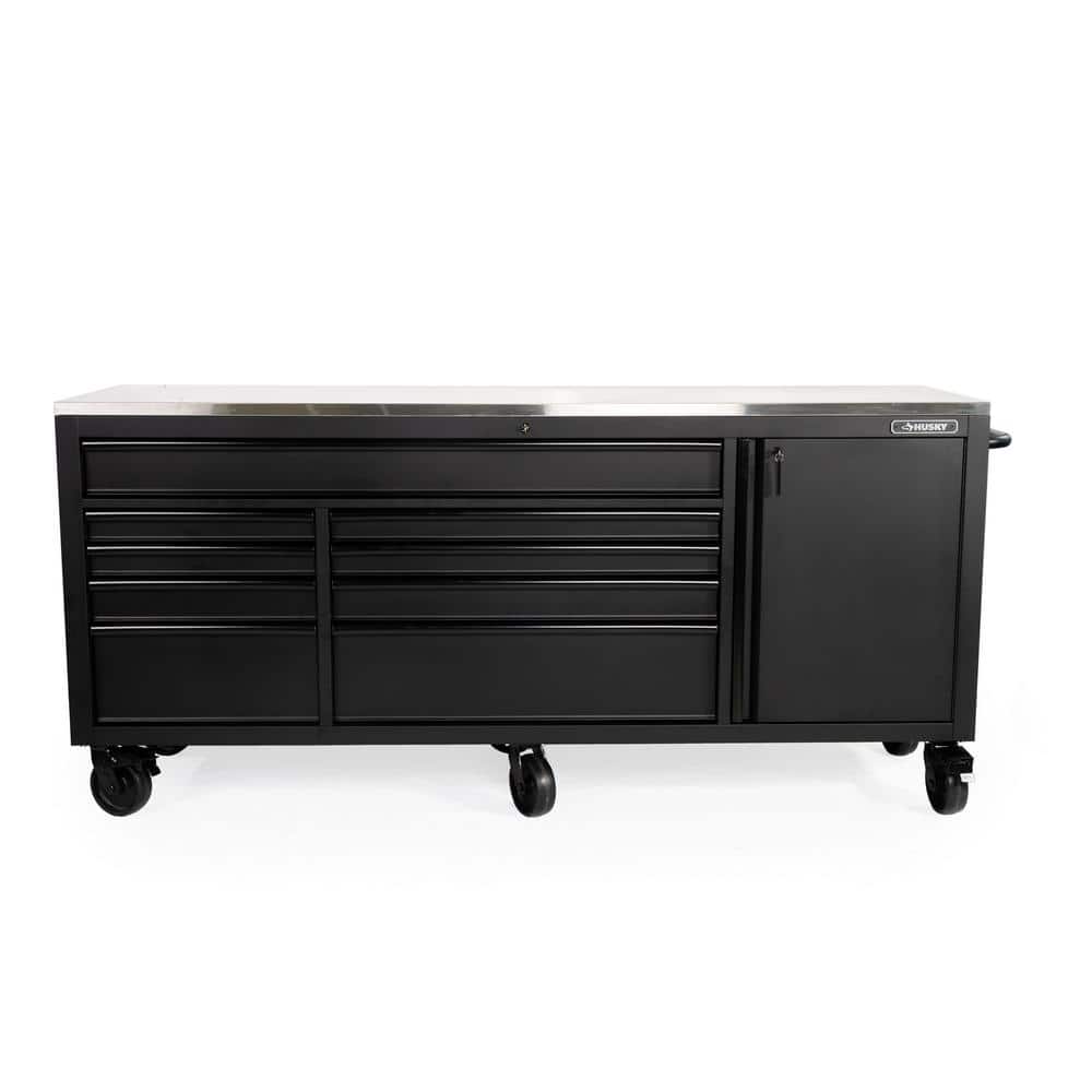 84 in. W x 24 in. D 9-Drawer Heavy-Duty Mobile Workbench with Stainless Steel Top in Matte Black -  Husky, HOTC8409BB1M