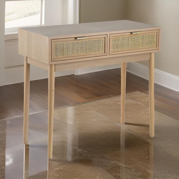 Benjara 34.5 in. Brown Rectangle Wooden Console Table with Woven Rattan-Panels and 2-Drawers