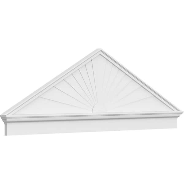 Ekena Millwork 78 in. W x 26-3/8 in. H x 2-3/4 in. P Pitch 6/12 Peaked Cap Sunburst Signature Urethane Combination Pediment Primed Tan