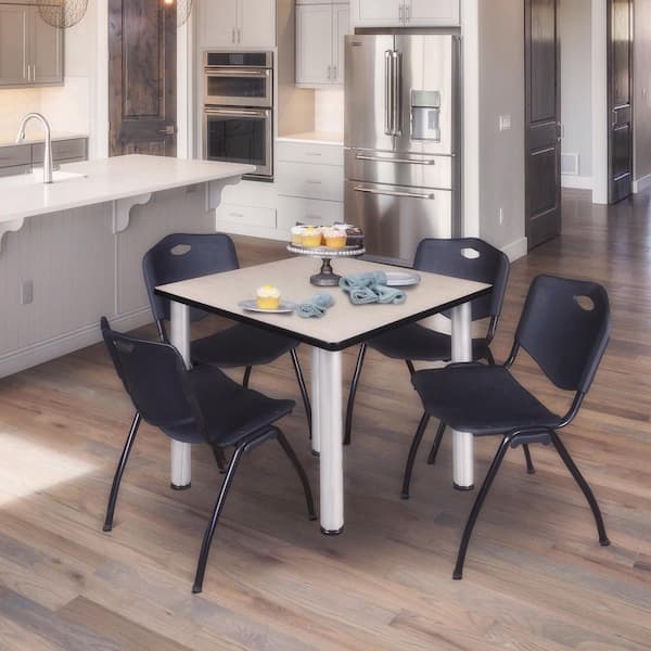 Kee 42 in. Maple Top Square Breakroom Table Desk, Chrome Legs, 4 M Stack Chairs-Black