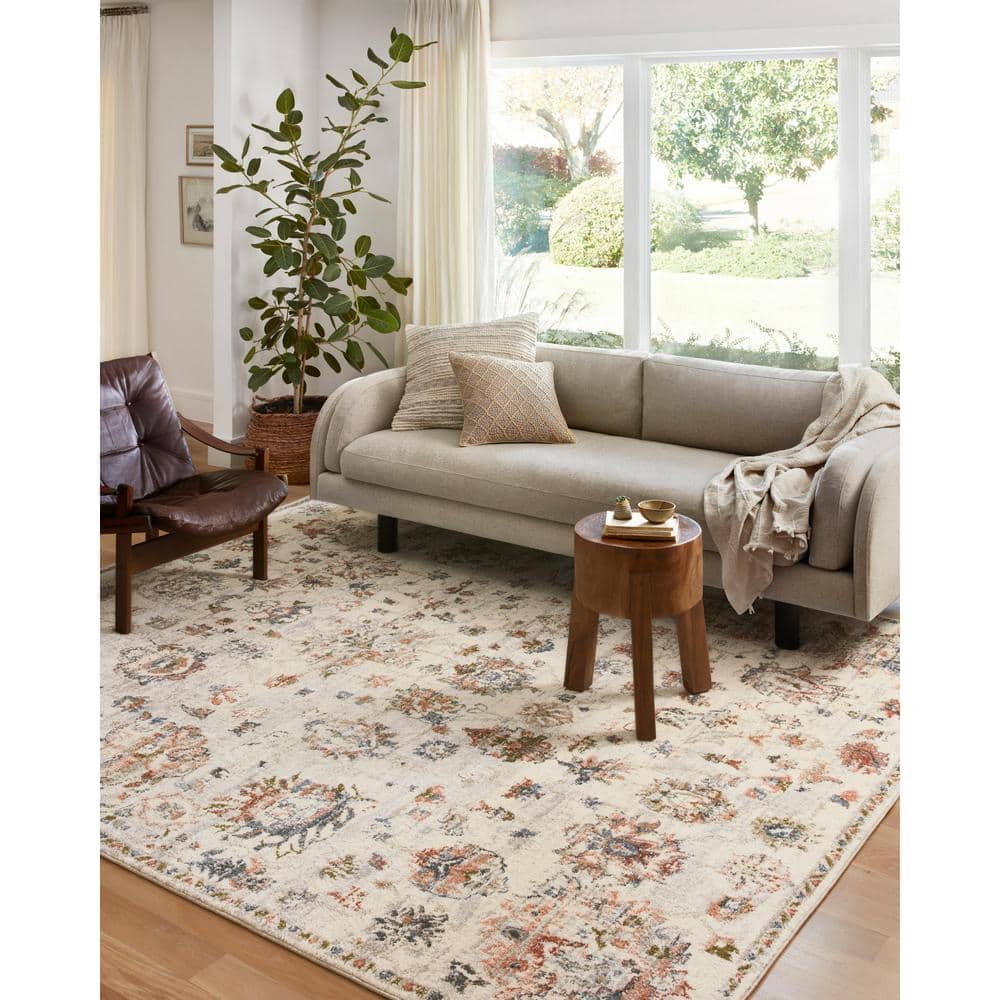 Ivory and Multicolor Round Synthetic Stain-Resistant Area Rug