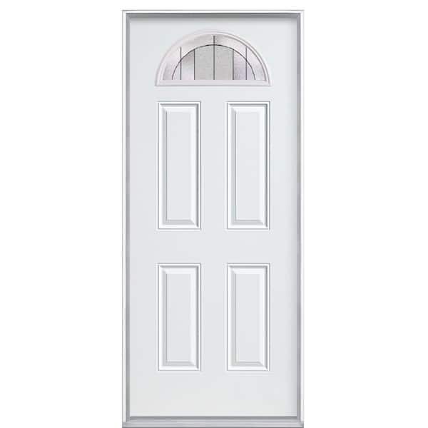 Masonite 36 in. x 80 in. Austere Primed Left-Hand Inswing Fan Lite Steel Decorative Prehung Front Exterior Door with No Brickmold