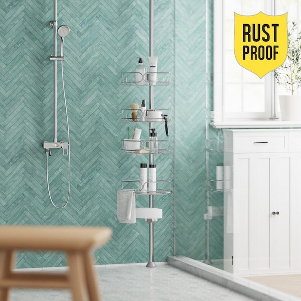 Rustproof Tension Pole Shower Caddy with 4 Baskets in Stainless Steel