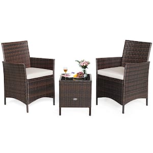 3-Piece Brown Wicker Patio Conversation Set Rattan Furniture Set with White Cushions and Glass Tabletop Deck