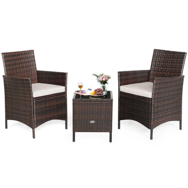 Clihome 3-Piece Brown Wicker Patio Conversation Set Rattan Furniture Set with White Cushions and Glass Tabletop Deck