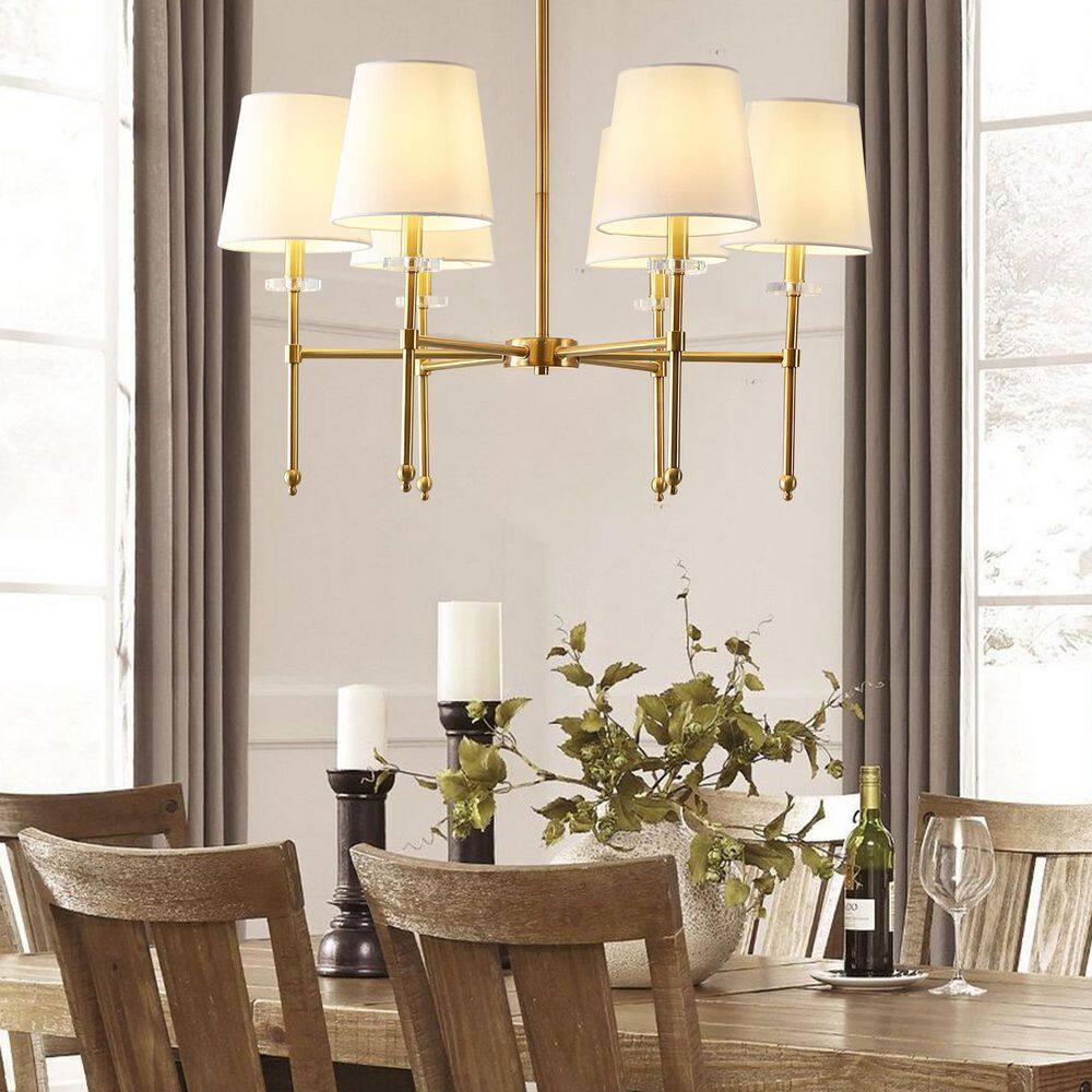 Cillian 27" Satin Gold Brass 6-Light LED Chandelier with White Fabric Shades