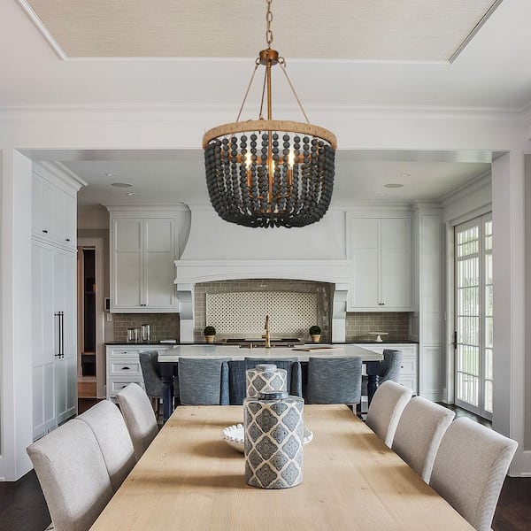 Modern Farmhouse Empire Drum Beaded Chandelier Light, 3-Light Gold Transitional Boho Chandelier with Black Wood Beads