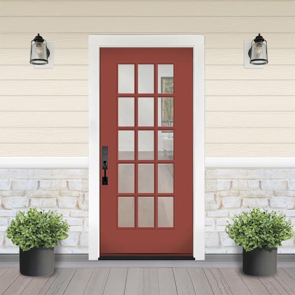 Reliant 32 in. x 80 in. Right-Handed FullLite 15L SDL Clear Glass Morocco Red Finish Fiberglass Front Door Slab