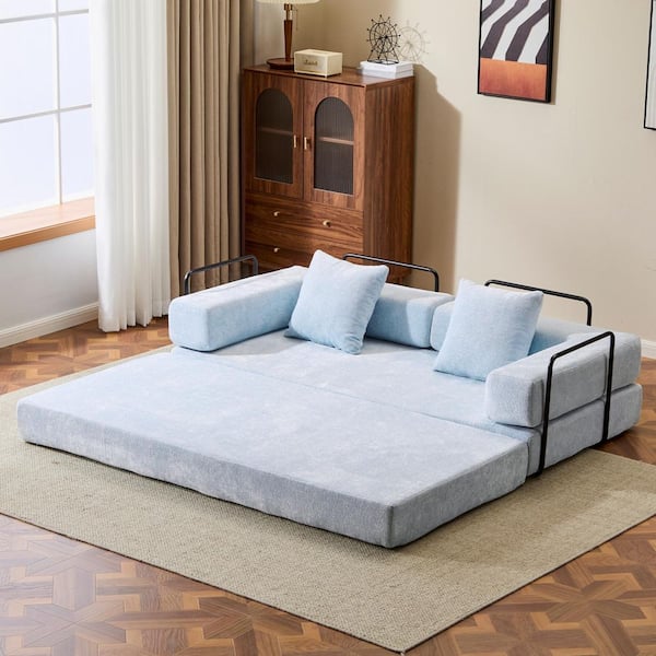 76.8 in. Chenille Compression Sectional Sofa in. Light Blue