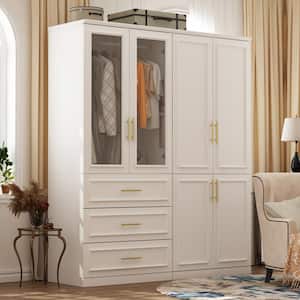 2-Combination White Wood 63.3 in. W 6-Door Big Armoires with 2 Hanging Rods, 3-Drawers, Shelves 74.8 in. H x 19.3 in. D