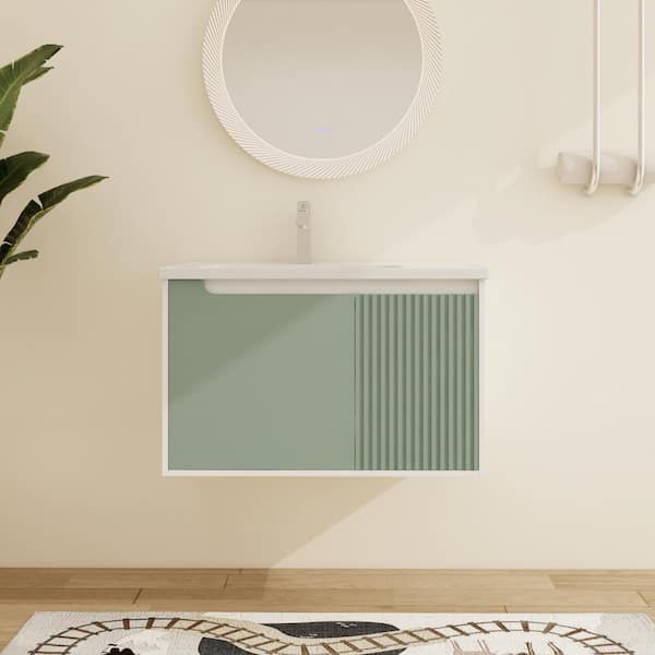 ARTCHIRLY 31.7 in. W x 19.9 in. D x 20.1 in. H Wall-Mounted Single Bathroom Vanity in Green with White Ceramic Top