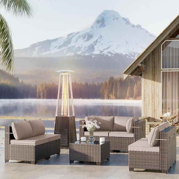 Halmuz 8-Piece Wicker Patio Conversation Set with 55,000 BTU Glass Tube Propane Pyramid Heater, Sand Cushion