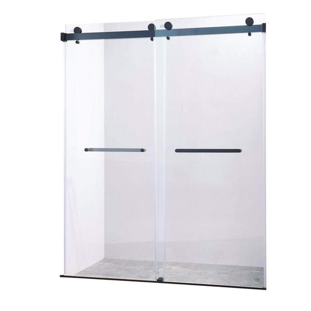 56-60" Frameless Clear Glass Double Sliding Shower Door in Matte Black